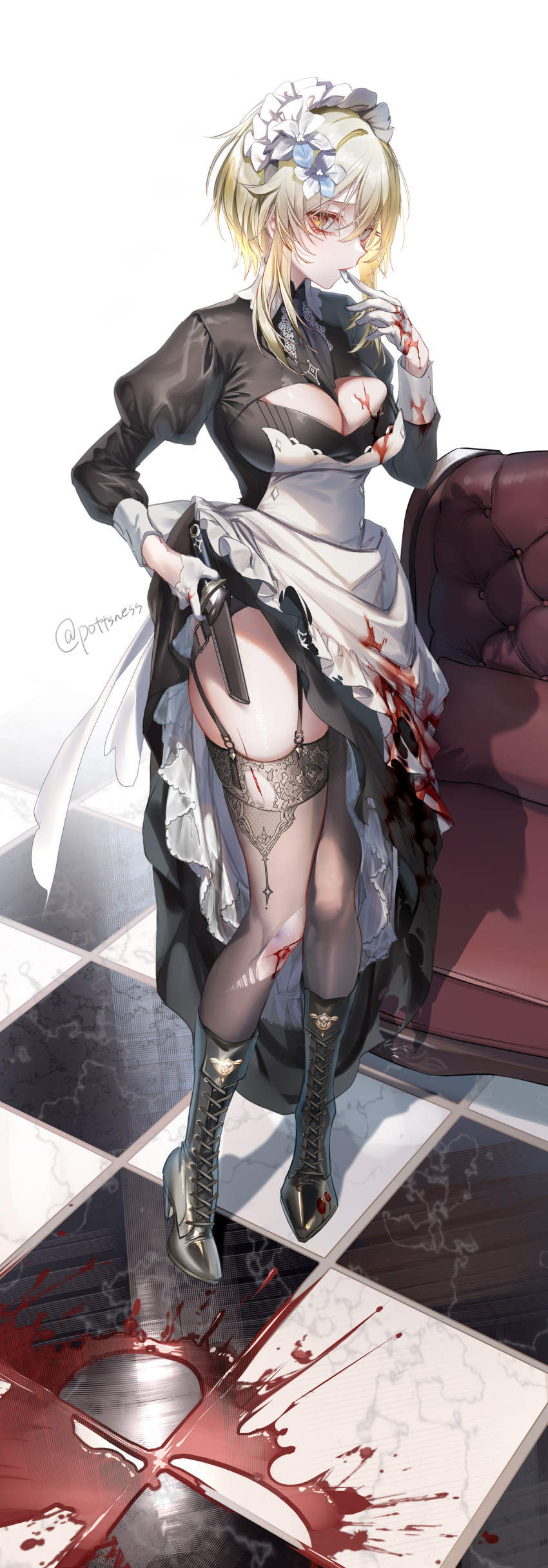 1girl absurdres apron black_dress blonde_hair blood blood_splatter blood_stain blush boots breasts dress flower frilled_apron frills genshin_impact gloves hair_between_eyes hair_flower hair_ornament high_heel_boots high_heels highres holding holding_knife injury knife long_sleeves looking_at_viewer lumine_(genshin_impact) maid maid_apron maid_headdress pottsness puffy_long_sleeves puffy_sleeves short_hair_with_long_locks thigh_strap thighs twitter_username waist_apron white_apron white_flower yellow_eyes