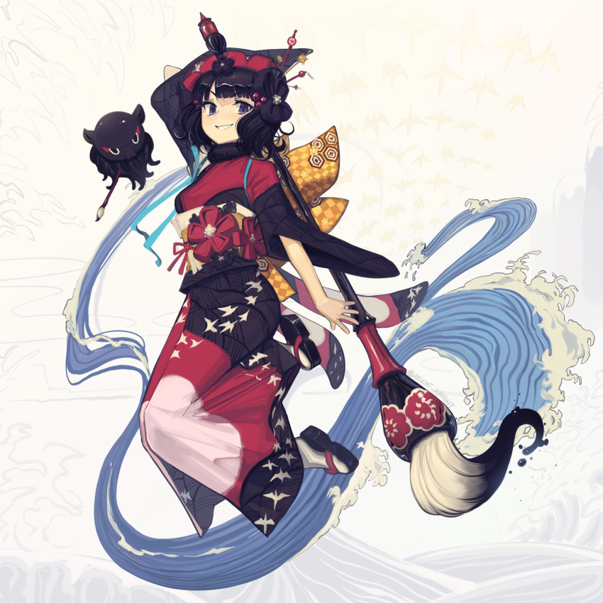 1boy 1girl beads black_hair boa_(brianoa) fate/grand_order fate_(series) giant_brush hair_beads hair_ornament highres holding holding_paintbrush japanese_clothes katsushika_hokusai_(fate) kimono long_sleeves looking_at_viewer medium_hair midair octopus paintbrush purple_eyes red_kimono sandals smile socks tokitarou_(fate) waves wide_sleeves