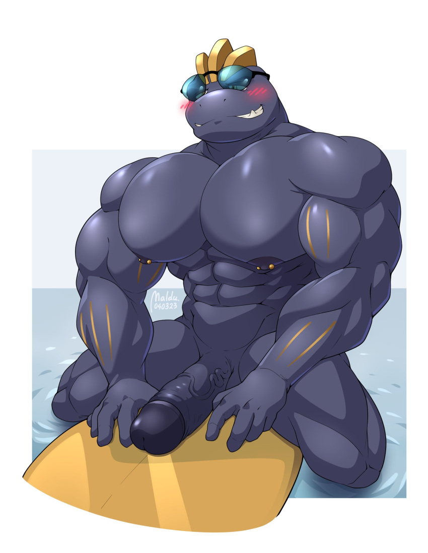 abs eyewear generation_1_pokemon genitals goggles hi_res humanoid machoke maldu male muscular muscular_humanoid muscular_male nintendo nipple_piercing nipples pecs penis piercing pokemon pokemon_(species) surfboard vein veiny_penis