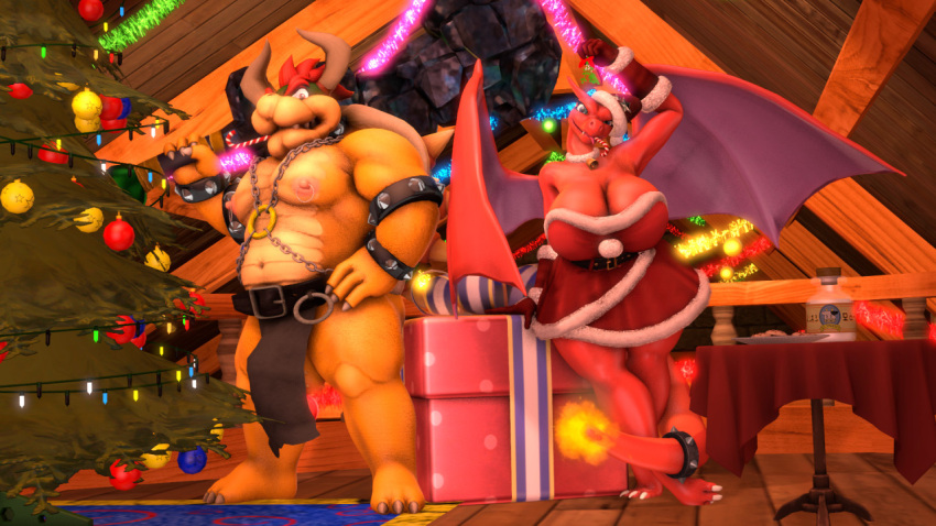 accessory anthro belt big_breasts bottomwear bowser breasts charizard christmas cleavage clothed clothing dragon duo female furgonomics generation_1_pokemon hair holidays horn huge_breasts jewelry koopa loincloth looking_at_viewer male mario_bros membrane_(anatomy) membranous_wings muscular muscular_male nintendo pokemon pokemon_(species) ring scalie spikes tail tail_accessory tail_jewelry tail_ring tigura wings