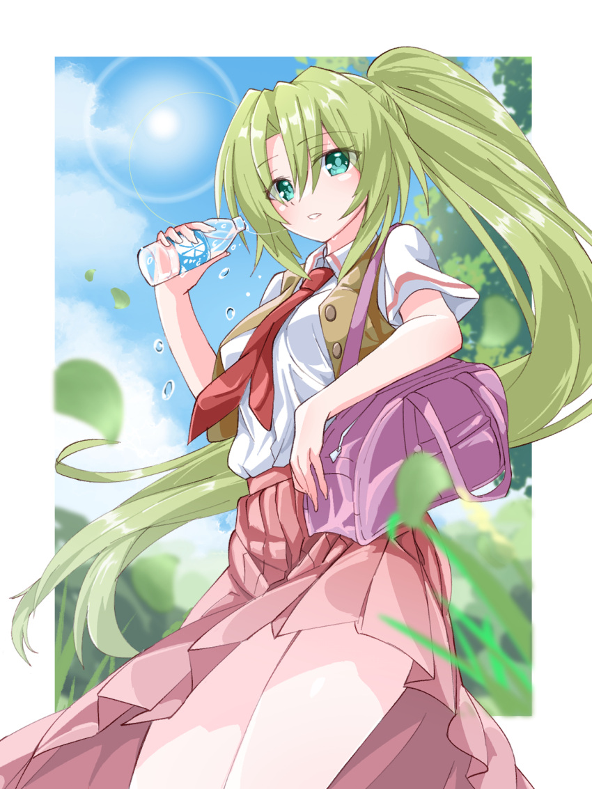 1girl 3105lave bag blue_eyes blurry blush border bottle breasts collared_shirt commentary_request day depth_of_field green_eyes green_hair hair_between_eyes high_ponytail highres higurashi_no_naku_koro_ni holding long_hair looking_at_viewer medium_breasts necktie open_mouth outdoors outside_border parted_lips pink_bag pleated_skirt ponytail red_necktie red_skirt school_bag school_uniform shirt short_sleeves sidelocks skirt solo sonozaki_mion standing very_long_hair vest water_bottle white_border white_shirt