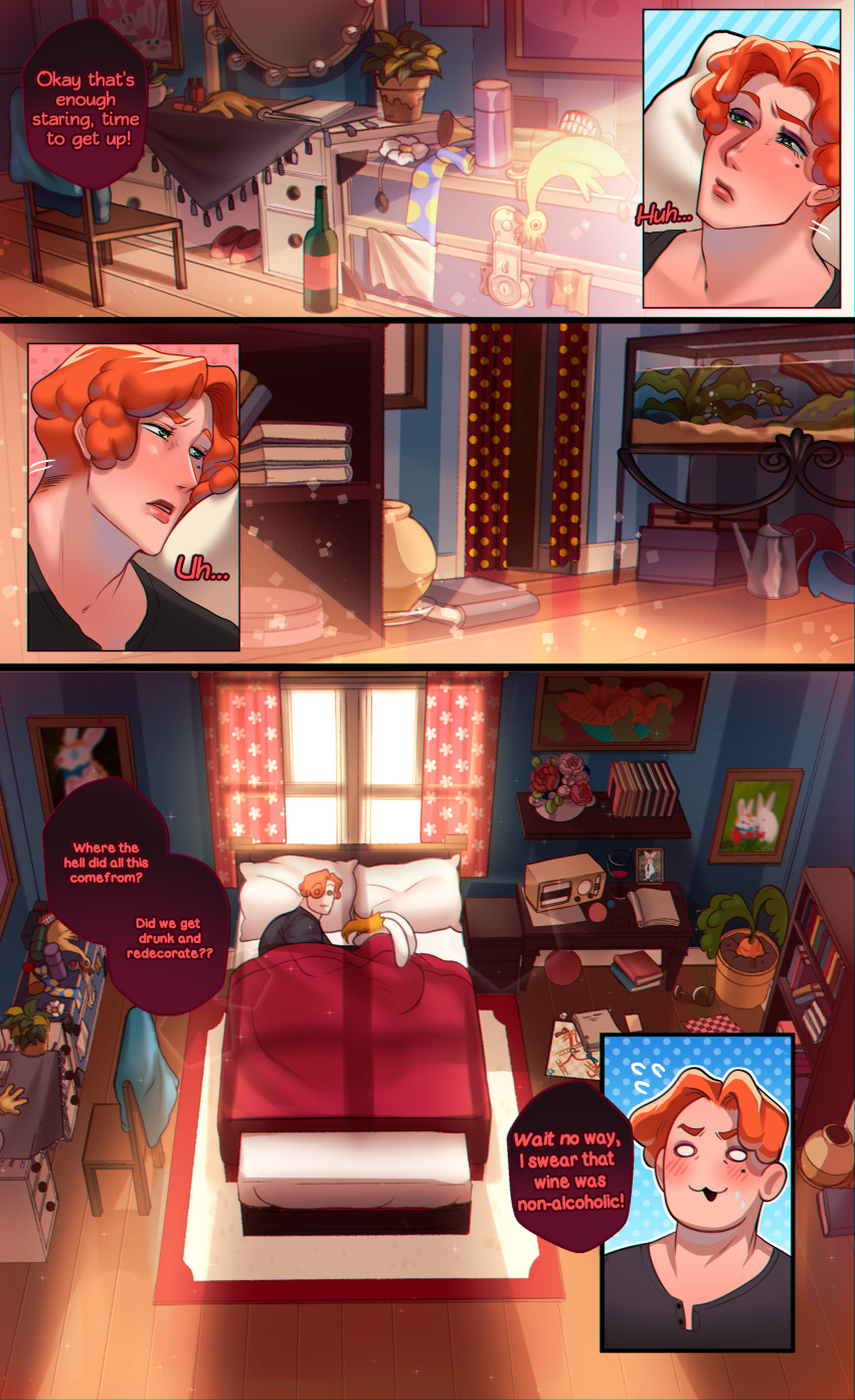 2023 absurd_res anthro bed bed_sheet bedding clothed clothing comic crossgender curtains dialogue disney ftm_crossgender furniture hair hi_res human jessica_rabbit lagomorph leporid male mammal memjioof not_furry_focus orange_hair rabbit roger_rabbit who_framed_roger_rabbit window