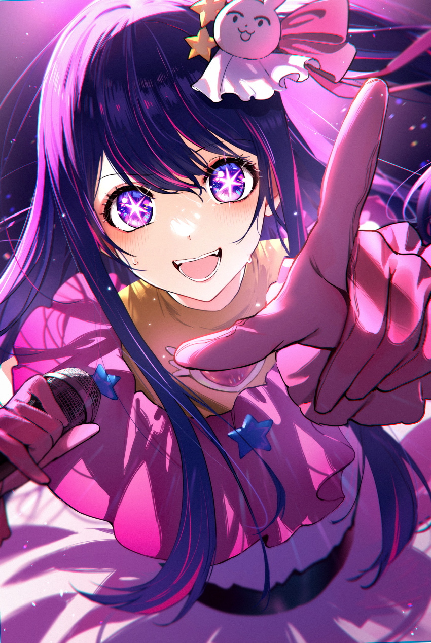 1girl :d absurdres blush brooch cezaria commentary_request dress foreshortening frilled_dress frilled_gloves frills gloves hair_between_eyes hair_ornament heart_brooch highres holding holding_microphone hoshino_ai_(oshi_no_ko) idol idol_clothes jewelry long_hair looking_at_viewer microphone one_side_up open_mouth oshi_no_ko partial_commentary pink_dress pink_gloves pointing pointing_at_viewer purple_eyes purple_hair rabbit_hair_ornament sidelocks smile solo star-shaped_pupils star_(symbol) star_in_eye sweatdrop symbol-shaped_pupils symbol_in_eye