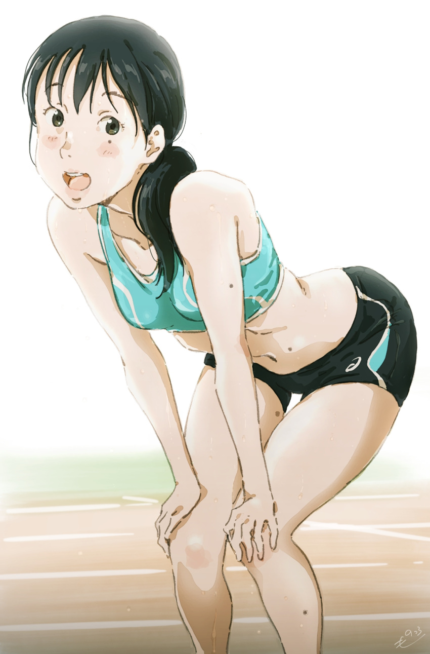 1girl :d aqua_bra artist_name asics bare_shoulders bent_over black_hair black_shorts blush bra brown_eyes collarbone commentary dripping feet_out_of_frame hair_over_shoulder hands_on_own_knees highres leaning_forward lips looking_at_viewer midriff mole mole_on_arm mole_on_leg mole_on_stomach mole_under_eye monodevil navel open_mouth original ponytail racetrack short_shorts shorts signature smile solo sports_bra squatting sweat track_and_field underwear white_background