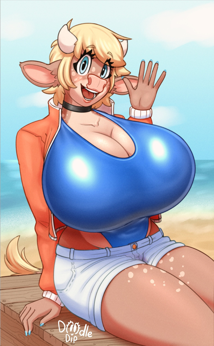 2_horns absurd_res anthro beach big_breasts blonde_hair blue_nail_polish blue_nails blue_one-piece_swimsuit bottomwear bovid bovine breasts brown_body brown_fur cattle choker cleavage clothed clothing colored_nails cutoffs denim denim_clothing digital_media_(artwork) doodle_dip female fingers fur gesture glistening glistening_clothing hair hi_res horn hotpants huge_breasts jacket jewelry looking_at_viewer mammal momo_(doodle_dip) multicolored_body multicolored_fur nails navel_outline necklace open_clothing open_jacket open_mouth open_topwear orange_clothing orange_jacket orange_topwear outside sand sea seaside shorts sitting sky smile smiling_at_viewer solo spots spotted_body spotted_fur spotted_thighs swimwear tan_body tan_fur teeth tongue topwear two_tone_body two_tone_fur water waving waving_at_viewer wood