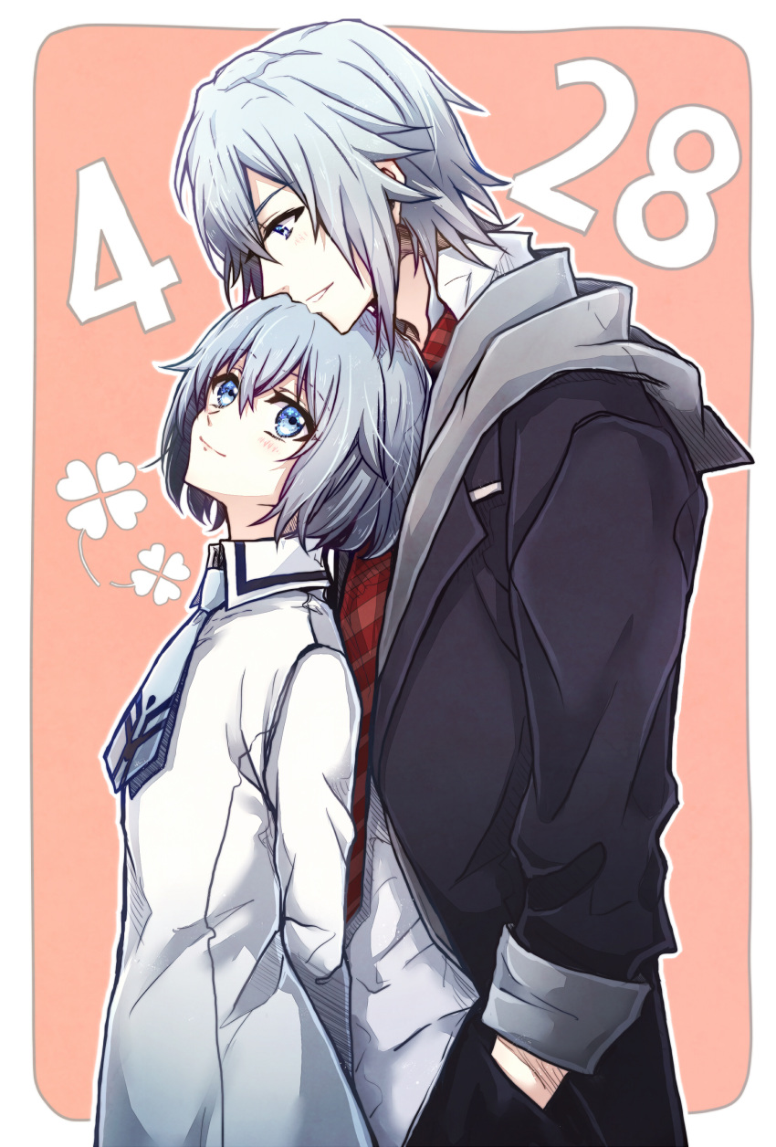 1boy 1girl absurdres arms_behind_back black_coat brother_and_sister clover coat collared_dress commentary diagonal-striped_necktie dress flat_chest four-leaf_clover grey_hoodie grey_necktie hands_in_pockets height_difference highres hood hoodie idolish7 imouma medium_hair necktie red_necktie siblings white_dress yotsuba_aya yotsuba_tamaki