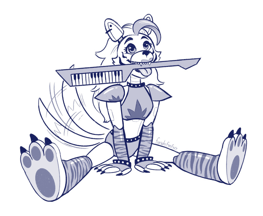 2021 3_toes animatronic anthro bracelet canid canine canis clothing daww digital_drawing_(artwork) digital_media_(artwork) feet female five_nights_at_freddy's five_nights_at_freddy's:_security_breach furiolafanfare greyscale hi_res jewelry keyboard_instrument keytar leg_warmers legwear lipstick machine makeup mammal monochrome mouth_hold musical_instrument object_in_mouth pawpads robot roxanne_wolf_(fnaf) scottgames sharp_teeth shoulder_pads signature simple_background solo steel_wool_studios tail tail_motion tailwag teeth toes tongue tongue_out white_background wolf