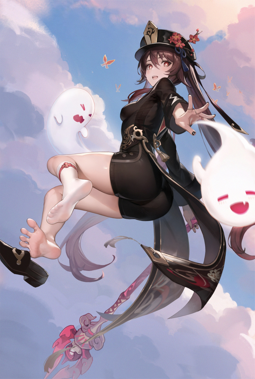 1girl :d absurdres ass bike_shorts black_nails boo_tao_(genshin_impact) breasts brown_hair bug butterfly cloud coattails floating_hair flower flower-shaped_pupils full_body genshin_impact ghost hat hat_flower highres holding holding_polearm holding_weapon hu_tao_(genshin_impact) le_(huanglongen) long_hair no_shoes open_hand open_mouth plum_blossoms polearm porkpie_hat red_butterfly red_eyes short_shorts shorts single_sock sky small_breasts smile socks soles staff_of_homa_(genshin_impact) symbol-shaped_pupils toes twintails very_long_hair weapon