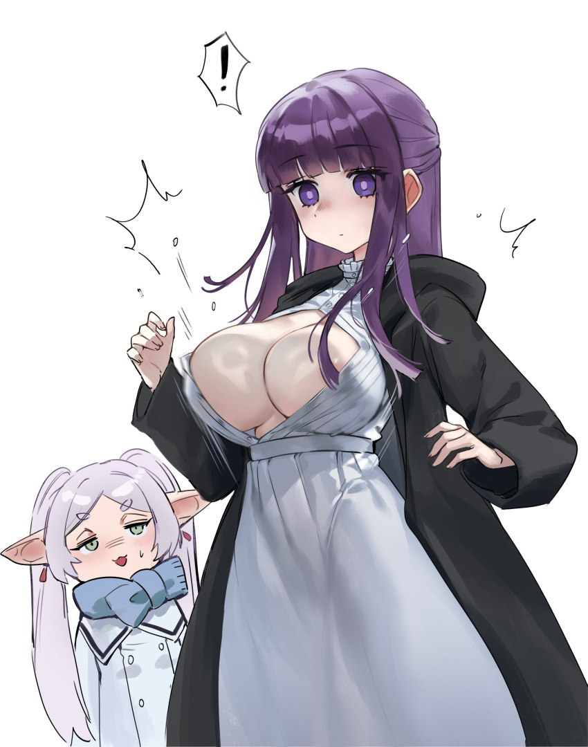 ! 2girls :3 ^^^ absurdres areola_slip black_coat blue_scarf blunt_bangs breasts bursting_breasts coat collar commentary dress earrings elf fern_(sousou_no_frieren) flying_button foolish_potato frieren frilled_collar frills green_eyes grey_hair hair_censor highres hood hooded_coat jewelry large_breasts long_dress long_hair long_sleeves looking_at_viewer multiple_girls open_mouth parted_bangs pointy_ears purple_eyes purple_hair purple_pupils scarf short_eyebrows sidelocks simple_background solo_focus sousou_no_frieren spoken_exclamation_mark straight_hair sweatdrop symbol-only_commentary twintails wardrobe_malfunction white_background white_coat white_dress winter_clothes winter_coat