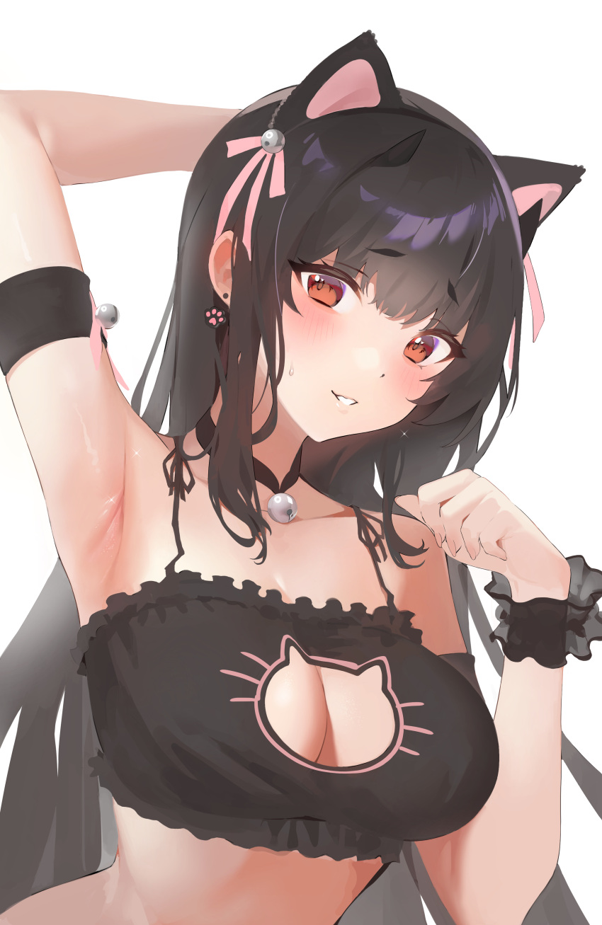 1girl absurdres animal_ears arm_behind_head armpits bell blush breasts cat_cutout cat_ears cat_lingerie cleavage cleavage_cutout clothing_cutout dress highres jingle_bell large_breasts long_hair meme_attire milim_nova neck_bell original parted_lips paw_earrings red_eyes simple_background solo upper_body white_background wrist_cuffs