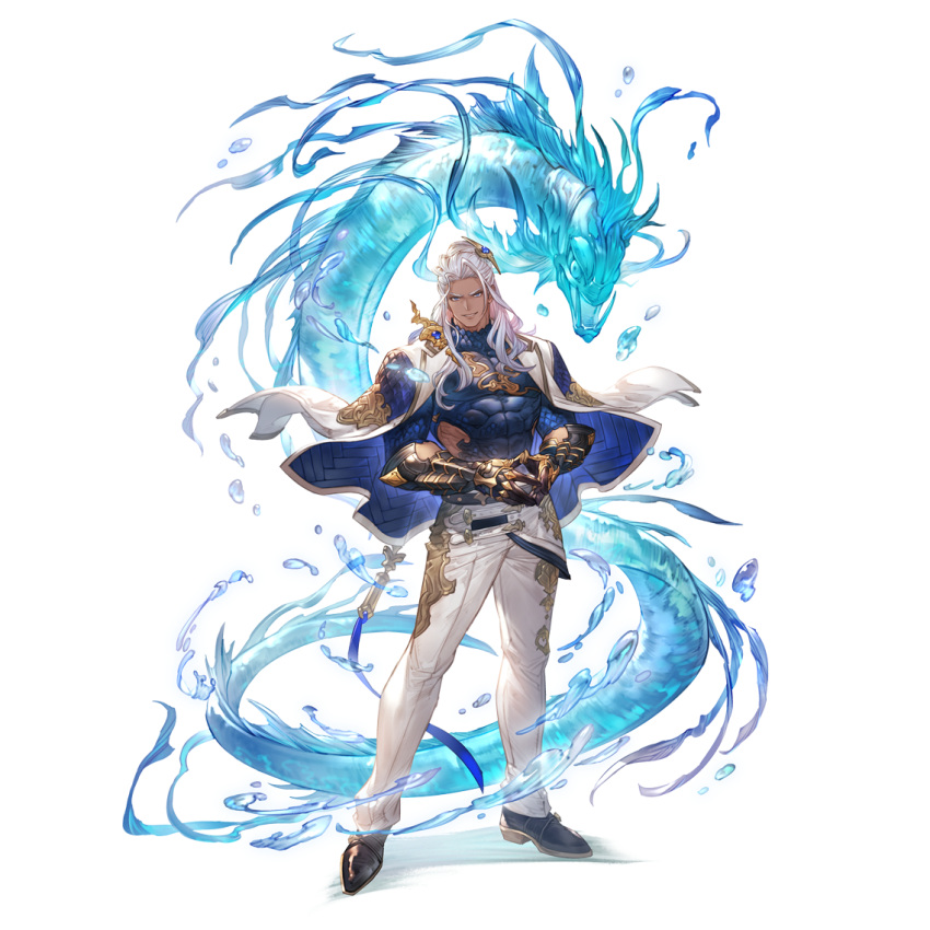 1boy armor black_footwear blue_eyes creature full_body gauntlets granblue_fantasy grin hair_ornament jacket jacket_on_shoulders long_hair looking_at_viewer male_focus minaba_hideo official_art pants poseidon_(granblue_fantasy) scale_armor shoes simple_background smile solo standing steepled_fingers transparent_background two-sided_fabric two-sided_jacket white_hair white_pants