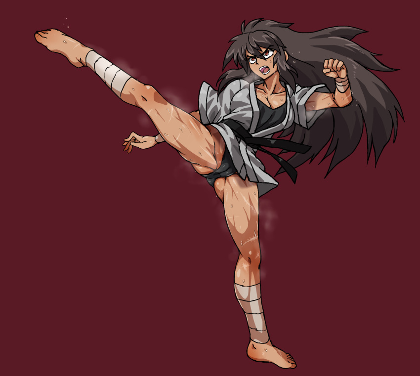 bandaged_leg bandaged_wrist bandages bare_legs barefoot belt black_belt black_hair black_panties breasts brown_eyes cleavage dougi fighting_stance high_kick highres karate kicking large_breasts leotard long_hair muscular muscular_female no_pants open_mouth original panties pants red_background shouting steaming_body sweat tan underwear very_long_hair zasshu_nigou