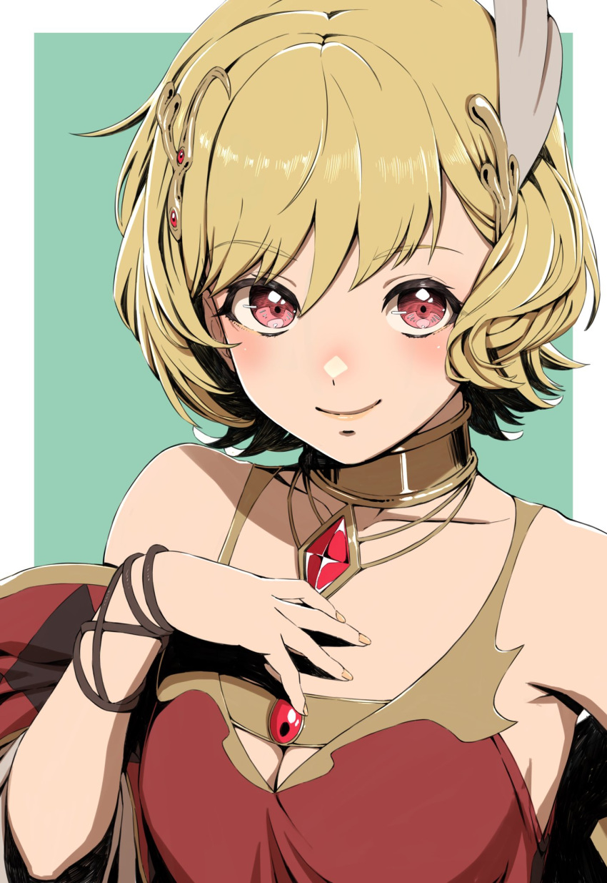 1girl aduti_momoyama blonde_hair blush bracelet breasts citrinne_(fire_emblem) cleavage closed_mouth dress feather_hair_ornament feathers fire_emblem fire_emblem_engage gem gold_trim hair_ornament hand_on_own_chest highres jewelry looking_at_viewer necklace red_eyes short_hair smile solo