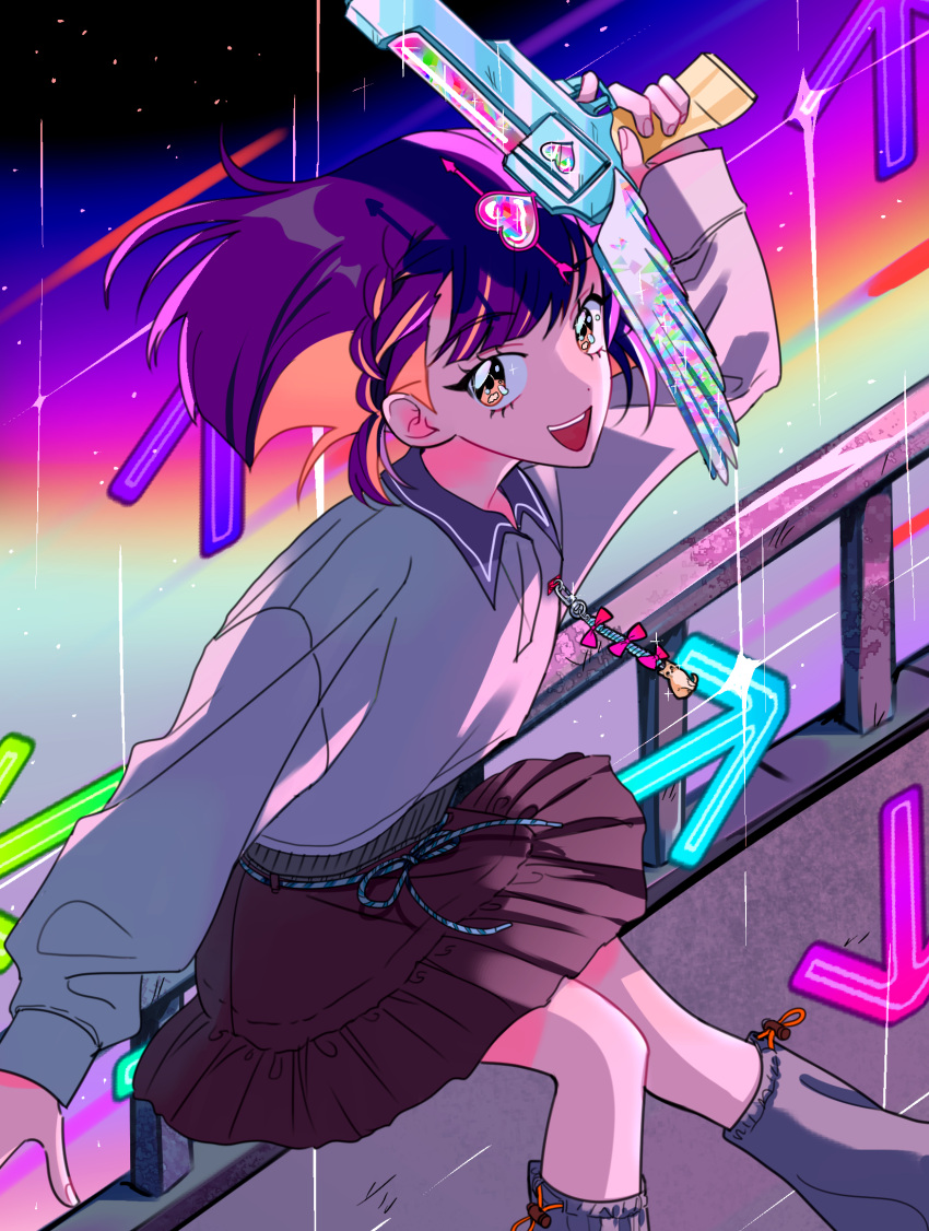 1girl :d arrow_(symbol) blue_shirt collared_shirt dot_nose eye_glitter feet_out_of_frame from_side grey_shirt grey_socks gun hand_up handgun high-waist_skirt highres holding holding_gun holding_weapon knees_together_feet_apart layered_clothes long_bangs long_hair long_sleeves looking_at_viewer loose_socks multicolored_hair myon_(tokipi) nira-chan open_mouth orange_eyes orange_hair pleated_skirt purple_hair red_skirt shirt sitting_on_railing skirt smile socks solo star_(sky) teeth toy_gun two-tone_hair upper_teeth_only weapon zutto_mayonaka_de_ii_no_ni