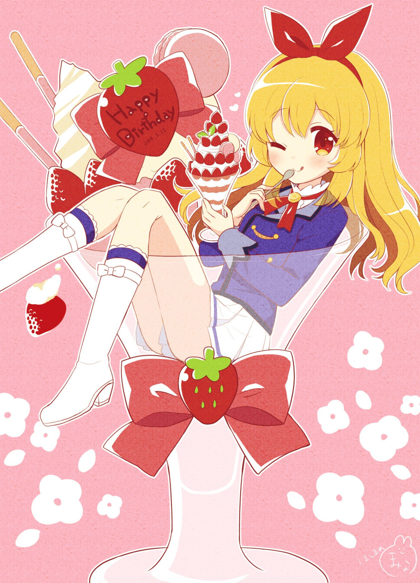 1girl aikatsu! aikatsu!_(series) blonde_hair blue_jacket boots bow commentary_request dated food fruit full_body hair_bow hairband happy_birthday high_heel_boots high_heels highres holding holding_food holding_spoon hoshimame_mana hoshimiya_ichigo jacket knee_boots long_hair long_sleeves looking_at_viewer neck_ribbon one_eye_closed pink_background pleated_skirt red_eyes red_ribbon ribbon school_uniform shirt single_stripe sitting skirt smile solo spoon starlight_academy_school_uniform strawberry strawberry_parfait strawberry_pocky tongue tongue_out white_footwear white_shirt white_skirt