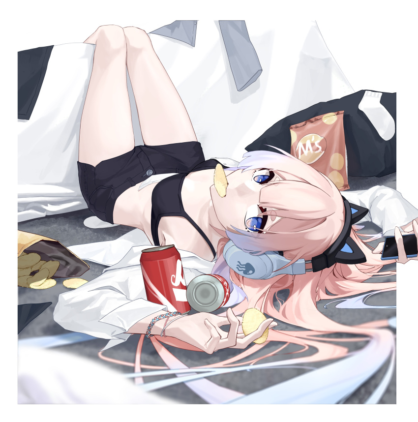 1girl absurdres animal_ear_headphones animal_ears armpits arms_up bag_of_chips baiyinzhideng black_bra black_shorts blue_eyes border bra bracelet breasts can cat_ear_headphones cellphone chips_(food) colored_tips fake_animal_ears food food_in_mouth genshin_impact gradient_hair hair_spread_out headphones highres holding holding_food holding_phone jewelry knees_up long_hair looking_at_viewer looking_up lying messy_room mouth_hold multicolored_hair on_back open_clothes open_shirt phone pink_hair potato_chips sangonomiya_kokomi shirt short_shorts shorts sidelocks sleeve_cuffs small_breasts smartphone socks soda_can solo underwear unworn_socks upside-down white_border white_shirt white_socks