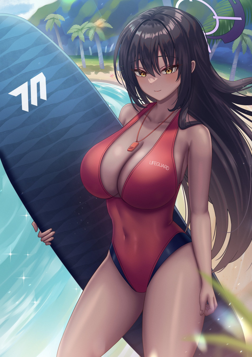 1girl absurdres alternate_costume bare_shoulders beach black_hair blue_archive breasts chisi cleavage collarbone commentary contrapposto covered_navel dark-skinned_female dark_skin fingernails hair_between_eyes halo highres holding holding_surfboard karin_(blue_archive) large_breasts lifeguard long_hair looking_at_viewer one-piece_swimsuit outdoors palm_tree red_one-piece_swimsuit smile solo surfboard swimsuit thighs tree very_long_hair water whistle whistle_around_neck yellow_eyes