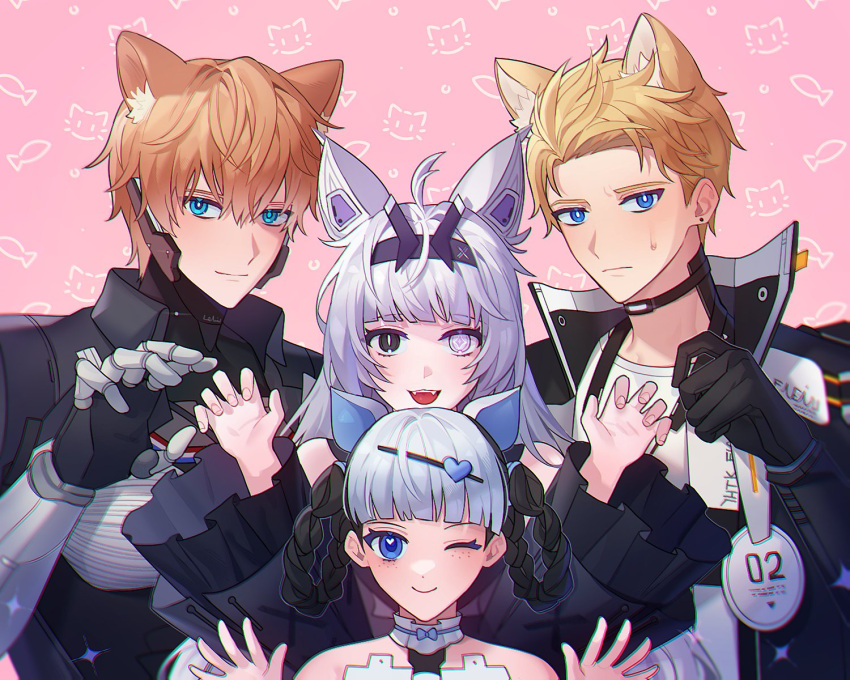 2boys 2girls ahoge animal_ear_fluff animal_ears bare_shoulders black_bodysuit black_choker black_hair black_hairband black_jacket black_sleeves blonde_hair blue_eyes bodysuit bombinata_(punishing:_gray_raven) braid bright_pupils cat_ears choker chrome:_glory_(honor_model)_(punishing:_gray_raven) chrome_(punishing:_gray_raven) closed_mouth cross-shaped_pupils detached_sleeves fake_animal_ears fangs grey_eyes grey_hair hair_between_eyes hair_ornament hairband heart heart-shaped_pupils heart_hair_ornament highres jacket lee:_hyperreal_(punishing:_gray_raven) lee_(punishing:_gray_raven) light_brown_hair long_hair mechanical_arms medium_hair messy_hair mismatched_pupils multicolored_hair multiple_boys multiple_girls no.21:_feral_scent_(punishing:_gray_raven) no.21_(punishing:_gray_raven) one_eye_closed open_mouth paw_pose punishing:_gray_raven rapen01 shirt sidelocks slit_pupils sweatdrop symbol-shaped_pupils twin_braids two-tone_hair white_choker white_hair white_jacket white_pupils white_shirt wide_sleeves wolf_ears