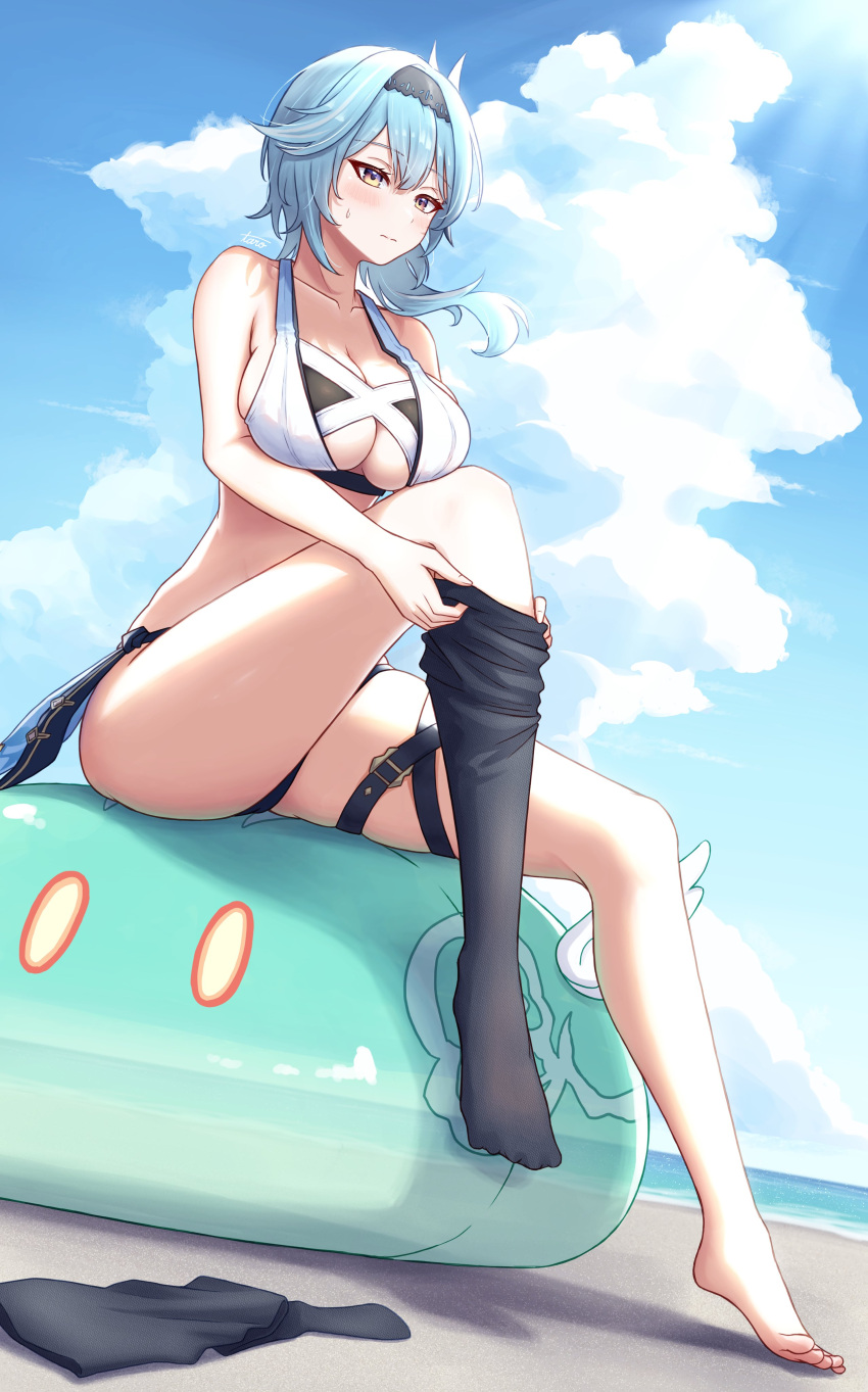 1girl absurdres adapted_costume barefoot bikini black_hairband blue_hair blush breasts eula_(genshin_impact) genshin_impact hair_between_eyes hairband highres large_breasts medium_hair sitting sitting_on_head sitting_on_person slime_(creature) slime_(genshin_impact) solo swimsuit taro_(peach_taro51) thigh_strap thighhighs thighs undressing