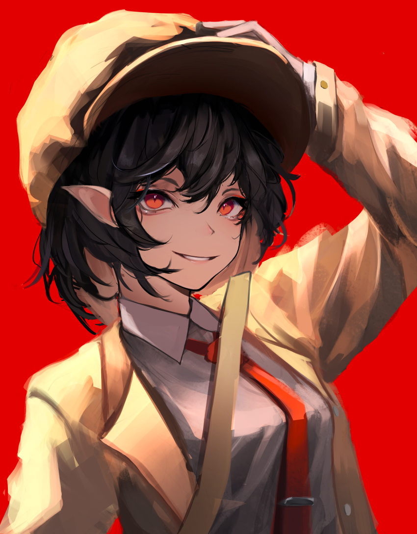 1girl absurdres black_hair brown_coat brown_headwear coat collared_shirt hair_between_eyes hat highres long_sleeves necktie open_clothes open_coat open_mouth pointy_ears red_background red_eyes red_necktie shameimaru_aya shameimaru_aya_(newsboy) shirt short_hair simple_background smile solo touhou upper_body white_shirt yuhel