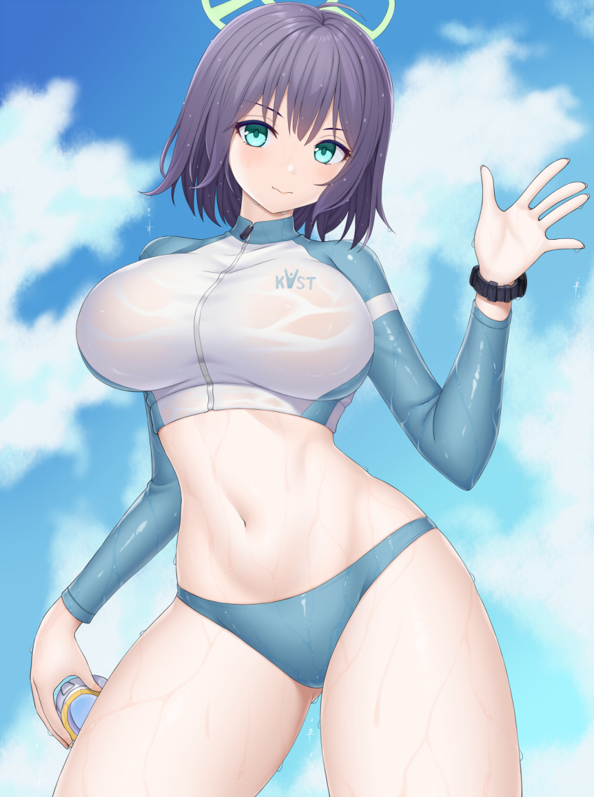 1girl asamura_hiori bikini blue_archive blue_bikini blue_eyes blue_sky breasts closed_mouth cloud commentary_request fingernails green_halo halo highres large_breasts long_sleeves looking_at_viewer navel no_headwear official_alternate_costume outdoors purple_hair saki_(blue_archive) saki_(swimsuit)_(blue_archive) short_hair sky smile solo stomach swimsuit thighs watch wet wristwatch zipper