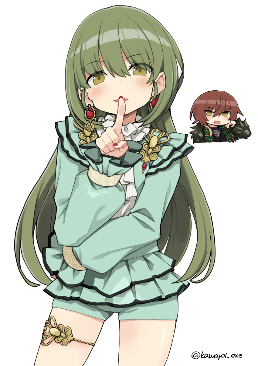 2girls absurdres aketa_mikoto artist_name blue_shirt blue_shorts blush brown_hair chibi chibi_inset commentary_request cowboy_shot earrings finger_to_mouth frilled_shirt frilled_sleeves frills fur_(clothing) gem green_hair hair_between_eyes half-closed_eyes hand_on_own_cheek hand_on_own_face hand_up happy highres hirokawa_desu idolmaster idolmaster_shiny_colors index_finger_raised jewelry long_hair long_sleeves looking_at_viewer multiple_girls nail_polish nanakusa_nichika open_mouth partial_commentary purple_shirt red_gemstone red_nails shirt short_hair short_shorts shorts shushing sidelocks signature simple_background smile solo_focus standing thighlet thighs twitter_username white_background yellow_eyes