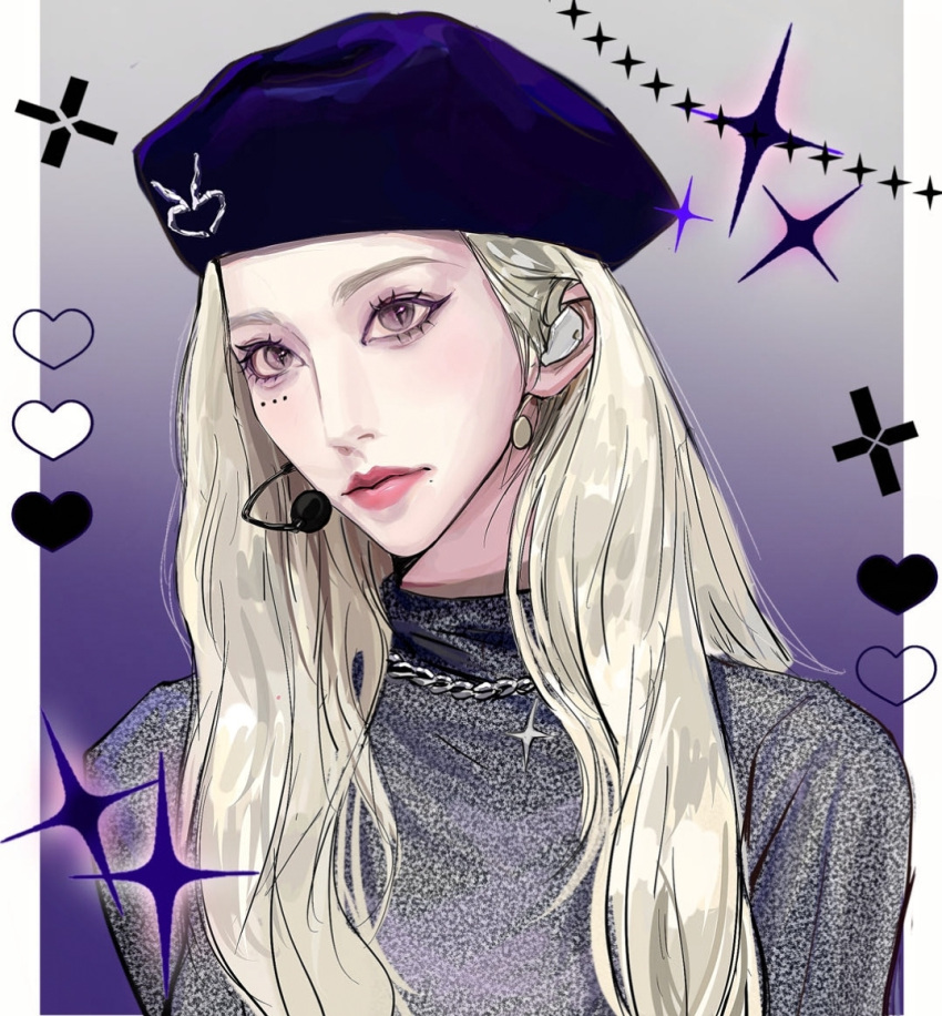 1girl aespa beret black_headwear blush border bracelet earpiece grey_eyes grey_sweater hat head_tilt heart jewelry jiu_hao_taiyang_de_shexian k-pop karina_(aespa) pink_hair portrait real_life red_lips slit_pupils solo sparkle sweater white_border