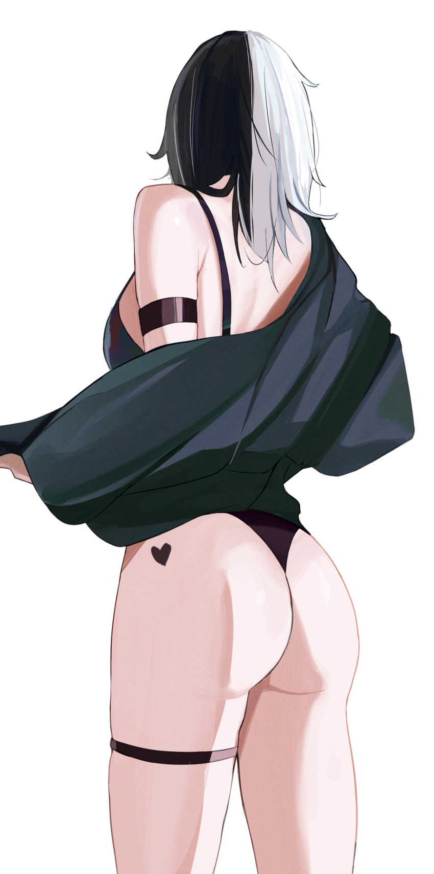 1girl absurdres arm_strap ass black_hair from_behind grey_hair heart heart_tattoo highres hololive hololive_english ku_roiko long_hair looking_at_viewer multicolored_hair shiori_novella simple_background single_bare_shoulder solo split-color_hair tattoo thigh_strap thighs two-tone_hair virtual_youtuber wedgie white_background