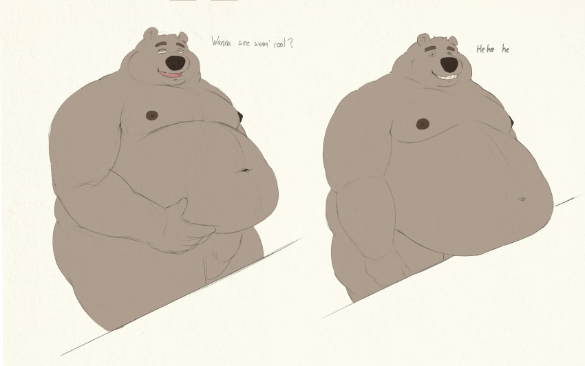 2023 absurd_res anthro bear belly big_belly black_nose dialogue english_text hi_res male mammal moobs navel nipples obese obese_male overweight overweight_male sato_afroleone solo text