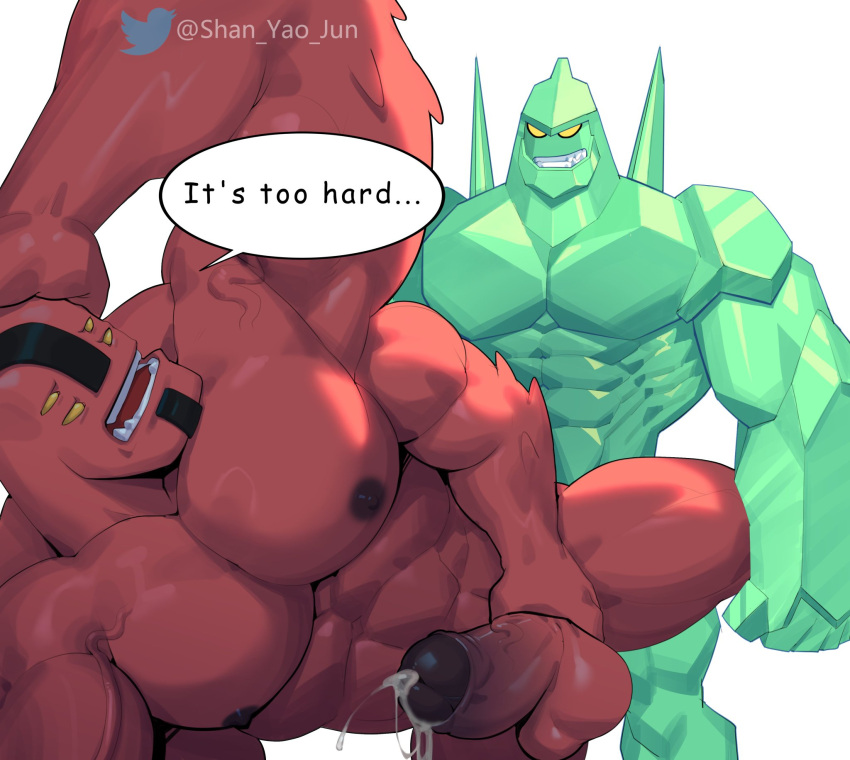 alien alien_humanoid anal balls ben_10 bodily_fluids cartoon_network cum duo elemental_creature elemental_humanoid genital_fluids genitals hi_res humanoid leaking male male/male mineral_fauna mineral_humanoid muscular muscular_male muscular_thighs nipples penis petrosapien red_body red_skin rock rock_creature shan_yao_jun tetramand yellow_eyes