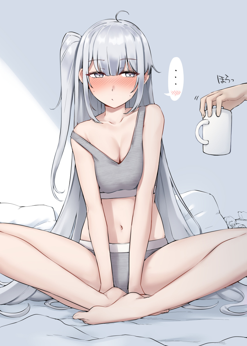... 1girl 1other absurdres barefoot bed_sheet blush breasts cleavage closed_mouth collarbone cup fuyutsuki_(kancolle) grey_eyes grey_hair grey_panties grey_sports_bra highres kantai_collection kiritto large_breasts long_hair navel one_side_up panties pillow sitting solo_focus spoken_ellipsis sports_bra tissue tissue_box two-tone_sports_bra underwear used_tissue