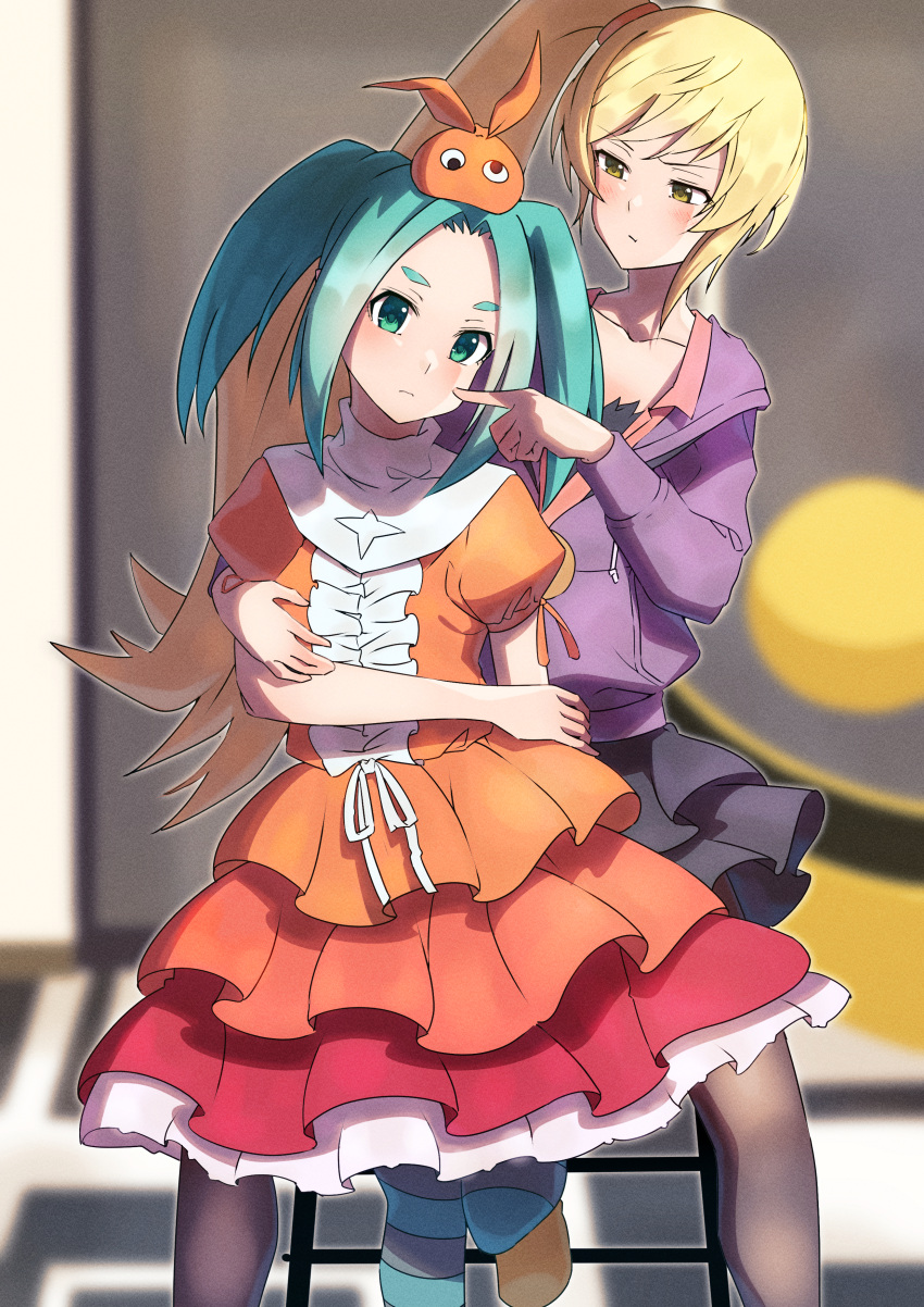 2girls absurdres aqua_hair blonde_hair cheek_poking cruzango0510 dress hat highres long_hair monogatari_(series) multiple_girls nisemonogatari ononoki_yotsugi orange_dress oshino_shinobu poking short_eyebrows skirt striped striped_thighhighs thighhighs very_long_hair yellow_eyes yellow_footwear