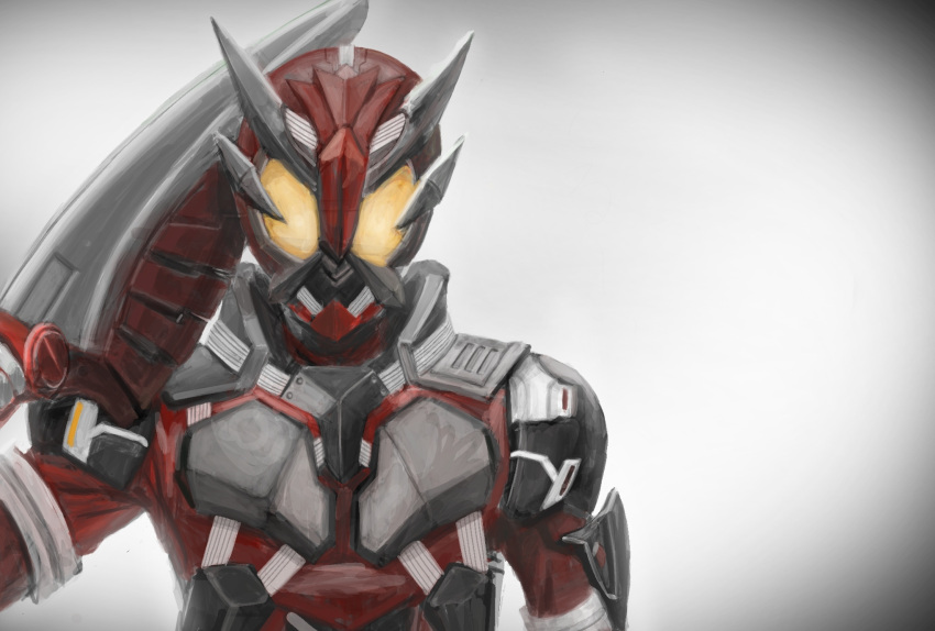 1boy bodysuit dodo_(bird) gerumugerumu glowing glowing_eyes highres kamen_rider kamen_rider_01_(series) kamen_rider_ikazuchi looking_at_viewer male_focus power_armor red_bodysuit simple_background tokusatsu upper_body weapon white_background