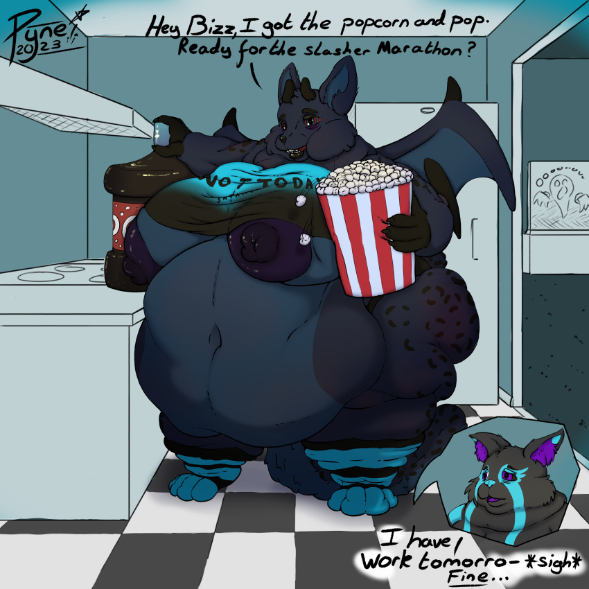 absurd_res anthro beverage big_breasts breasts clothing duo english_text female food hi_res hybrid kitchen legwear male mammal morbidly_obese morbidly_obese_female obese obese_female obese_male overweight overweight_female overweight_male popcorn procyonid pyne_(artist) raccoon soda text thick_thighs thigh_highs