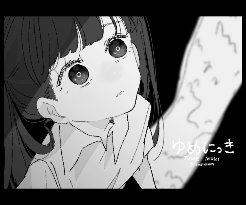 1girl black_background black_hair breasts collared_shirt commentary_request copyright_name empty_eyes english_text letterboxed looking_at_viewer looking_up medium_hair monochrome monoko parted_lips shirt short_sleeves simple_background small_breasts solo tamanoha_(cookware) twintails twitter_username white_shirt yume_nikki