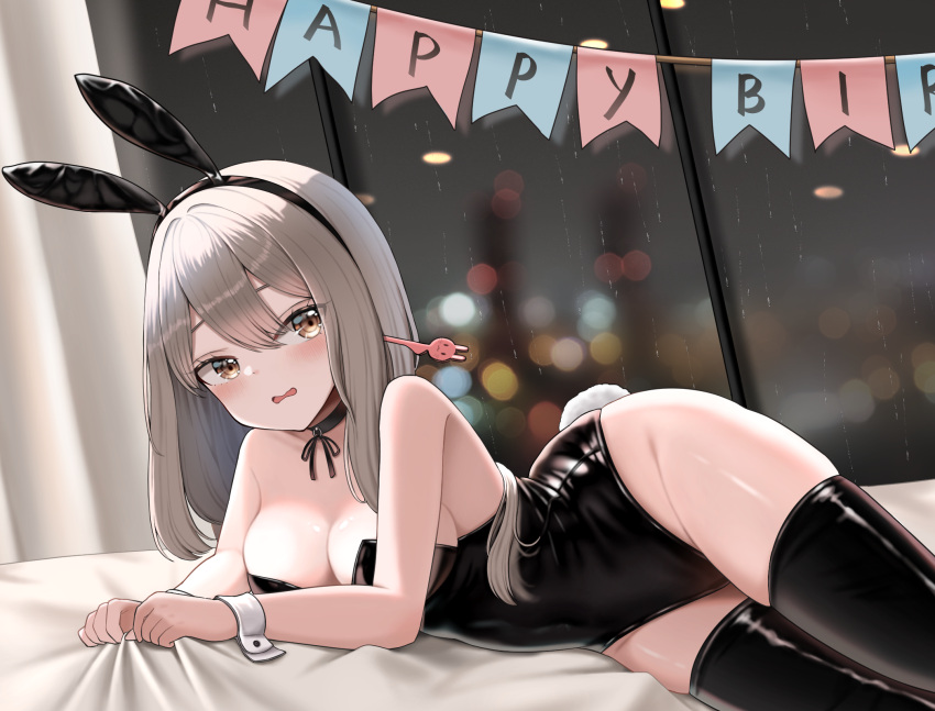 1girl animal_ears black_leotard black_thighhighs blush breasts cleavage covered_navel detached_collar fake_animal_ears fake_tail goddess_of_victory:_nikke grey_hair hair_between_eyes highleg highleg_leotard highres leotard long_hair looking_at_viewer medium_breasts open_mouth playboy_bunny rabbit_ears rabbit_tail scarlet_(nikke) solo strapless strapless_leotard tail thighhighs wrist_cuffs yellow_eyes yomining