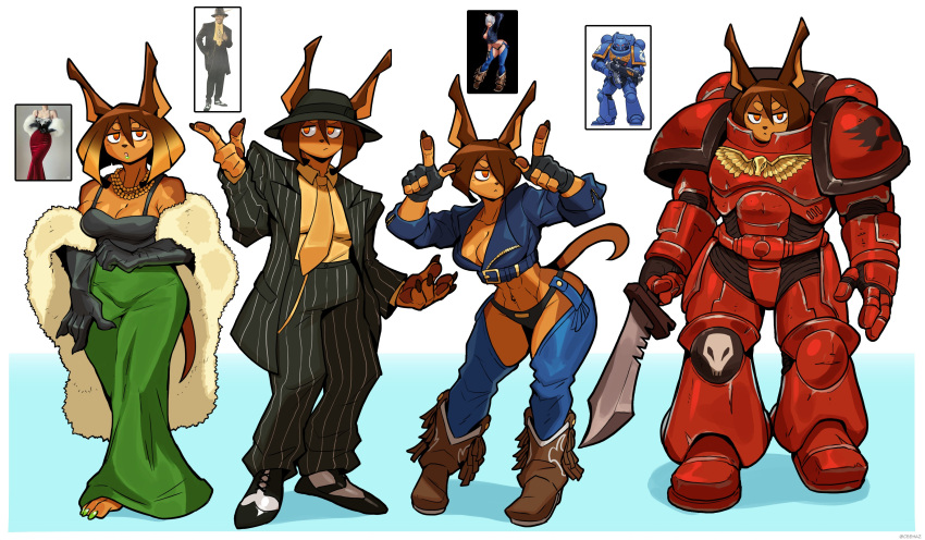 2023 absurd_res angel_(king_of_fighters) anthro armor blood_angel breasts brown_body brown_fur brown_hair canid canine canis ceehaz cleavage clothed clothing cosplay dobermann dog_knight_rpg domestic_dog dress female fur hair hi_res king_of_fighters mammal necktie pinscher pinstripes red_armor rory_(ceehaz) solo space_marine suit warhammer_(franchise) warhammer_40000