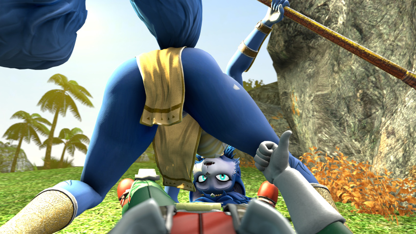 absurd_res anthro bent_over blue_body blue_butt blue_fur blue_tail bottomwear breasts butt butt_focus canid canine clothed clothing duo female first_person_view fox fox_mccloud fur gesture gloves grass handwear hi_res krystal loincloth lolla4567 looking_through looking_through_legs low-angle_view mammal nintendo plant rear_view star_fox tail thumbs_up tree white_clothing white_gloves white_handwear