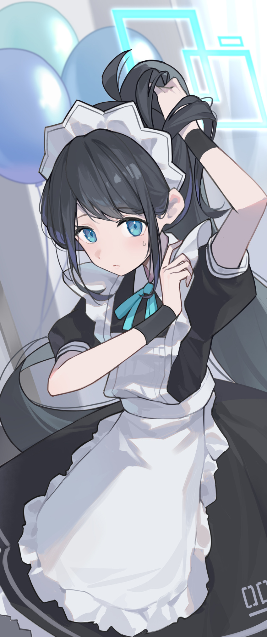 1girl absurdres apron aris_(blue_archive) aris_(maid)_(blue_archive) black_hair black_skirt blue_archive blue_eyes blue_halo closed_mouth commentary_request halo highres long_hair looking_at_viewer maid maid_headdress official_alternate_costume origami42169025 ponytail puffy_short_sleeves puffy_sleeves short_sleeves skirt white_apron