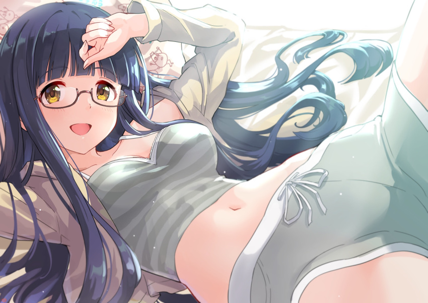 1girl :d arms_up bespectacled blue_hair blush breasts brown_cardigan camisole cardigan cleavage collarbone damokan66 glasses grey_camisole grey_shorts hair_down highres idolmaster idolmaster_million_live! idolmaster_million_live!_theater_days kitakami_reika large_breasts long_hair looking_at_viewer lying midriff navel on_back on_bed pillow semi-rimless_eyewear shorts smile solo spaghetti_strap stomach striped_camisole sunlight tareme very_long_hair yellow_eyes