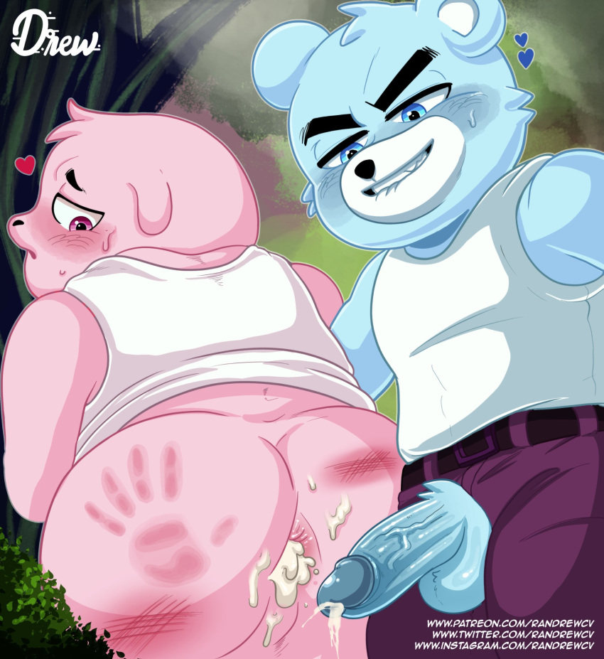 &lt;3 anthro azulin_(unicorn_wars) bear bite biting_lip blue_body blue_fur blush bodily_fluids brother brothers clothing cum cum_in_ass cum_inside duo forest fur genital_fluids genitals gordi_(unicorn_wars) hi_res incest_(lore) male male/male mammal overweight overweight_male penis pink_body pink_fur plant pubes randrewcv_(artist) sibling slightly_chubby spank_marks sweat tagme tree unicorn_wars