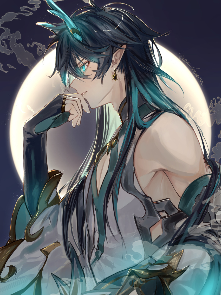 1boy absurdres aqua_eyes aqua_hair aqua_horns arm_at_side armpit_cutout artist_name bare_shoulders black_hair blue_background cleavage_cutout clothing_cutout cloud collared_shirt dan_heng_(honkai:_star_rail) dan_heng_(imbibitor_lunae)_(honkai:_star_rail) detached_sleeves earrings eyeliner fingerless_gloves from_side full_moon gloves glowing glowing_eyes gradient_hair hand_on_own_chin hand_up highres honkai:_star_rail honkai_(series) horns huge_moon jewelry long_hair makeup male_focus moon multicolored_hair parted_lips pectoral_cleavage pectorals pointy_ears profile red_eyeliner shirt sleeveless sleeveless_shirt solo teeth two-tone_hair una_kamra upper_body very_long_hair wide_sleeves