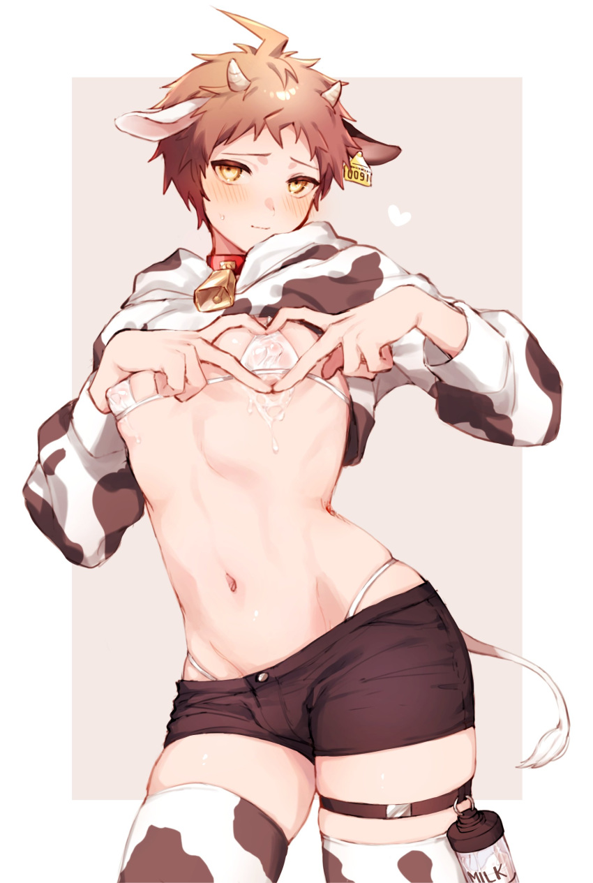 1boy absurdres ahoge amido_(compassion273) animal_ears animal_print bell bikini black_shorts black_thighhighs blush collar cow_boy cow_ears cow_horns cow_print cow_tail cowboy_shot cropped_hoodie danganronpa_(series) danganronpa_2:_goodbye_despair heart highleg highleg_bikini highres hinata_hajime hood hoodie horns male_focus male_lactation milk navel neck_bell red_collar see-through_bikini short_shorts shorts solo swimsuit tail thigh_strap thighhighs two-tone_hoodie two-tone_thighhighs white_bikini white_thighhighs