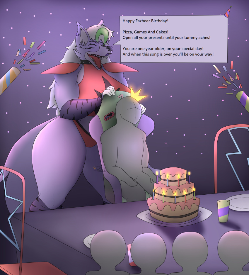 animatronic anthro armwear big_breasts big_butt birthday birthday_cake breasts butt cake canid canine canis chair clothed clothing crown dessert dialogue faceless_character faceless_male female five_nights_at_freddy's five_nights_at_freddy's:_security_breach food furniture group headgear hi_res human legwear machine male mammal photolol.03 robot roxanne_wolf_(fnaf) scottgames simple_background singing steel_wool_studios table text thick_thighs wide_hips wolf