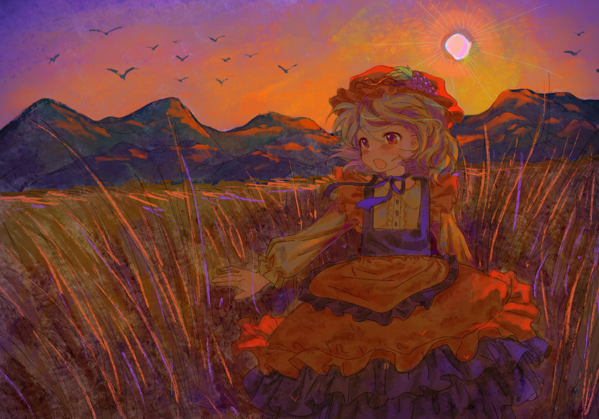 1girl absurdres aki_minoriko bingkuaihei black_ribbon blonde_hair chinese_commentary collared_shirt commentary_request dress dusk food frilled_dress frilled_sleeves frills fruit grapes hat highres long_sleeves mob_cap neck_ribbon orange_dress orange_eyes outdoors red_headwear ribbon shirt short_hair solo touhou white_shirt