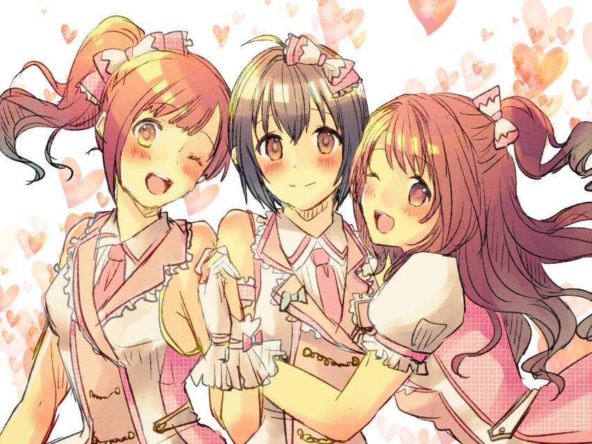 3girls ahoge black_hair blush bow breasts brown_hair from_side gloves hair_bow heart heart_background highres idolmaster idolmaster_cinderella_girls igarashi_kyoko kohinata_miho looking_at_viewer medium_breasts multiple_girls necktie nishimura_(nianiamu) one_side_up pink_check_school_(idolmaster) pink_necktie pink_theme puffy_short_sleeves puffy_sleeves shimamura_uzuki short_hair short_sleeves smile upper_body white_gloves