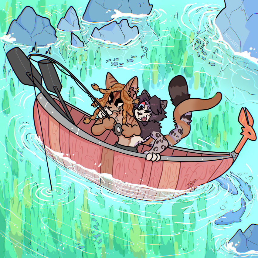 absurd_res anthro bethesda_softworks brown_body brown_fur brown_hair canoe conjoined conjoined_twins dreadlocks duo ear_piercing ear_ring entwined_tails fangs felid fishing fishing_rod fur grey_body grey_fur grey_hair grey_spots hair half-closed_eyes hi_res inner_ear_fluff khajiit male mammal markings narrowed_eyes one_eye_closed open_mouth open_smile piercing ring_piercing smile spots spotted_body spotted_fur spotted_markings tail tail_coil tan_body tan_fur teeth the_elder_scrolls tuft vehicle watercraft xing1