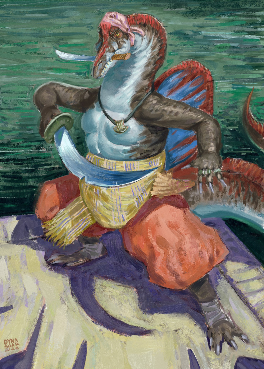 2023 absurd_res anthro barefoot blue_markings bottomwear brown_body claws clothed clothing conch curved_sword dagger dagger_in_mouth digital_media_(artwork) digital_painting_(artwork) dinosaur dyna_soar fantasy feet fin frill_(anatomy) headgear headscarf headwear hi_res holding_object holding_weapon jewelry long_neck male markings melee_weapon membrane_(anatomy) membranous_frill menacing_shadow necklace pants partially_clothed pecs pink_clothing pink_headwear pirate red_bottomwear red_clothing red_markings red_pants reptile ring sash scalie sea shadow signature solo spinosaurid spinosaurus sword tail teeth theropod topless topless_male water water_background weapon yellow_eyes