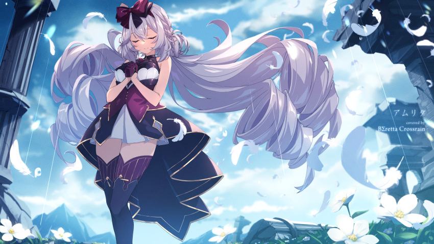 1girl bare_arms beretta_x'rain black_bow black_dress black_thighhighs blue_sky bow braid character_name closed_eyes closed_mouth cloud commentary_request day dress drill_hair eyelashes falling_feathers feathers feet_out_of_frame floating_hair flower gloves grey_hair hair_between_eyes hair_bow highres long_hair low_twintails outdoors own_hands_together praying purple_gloves red_bow ruins schatten short_dress side_braid sky sleeveless sleeveless_dress smile solo standing thighhighs thighs twin_drills twintails very_long_hair virtual_youtuber white_feathers white_flower x_enc'ount