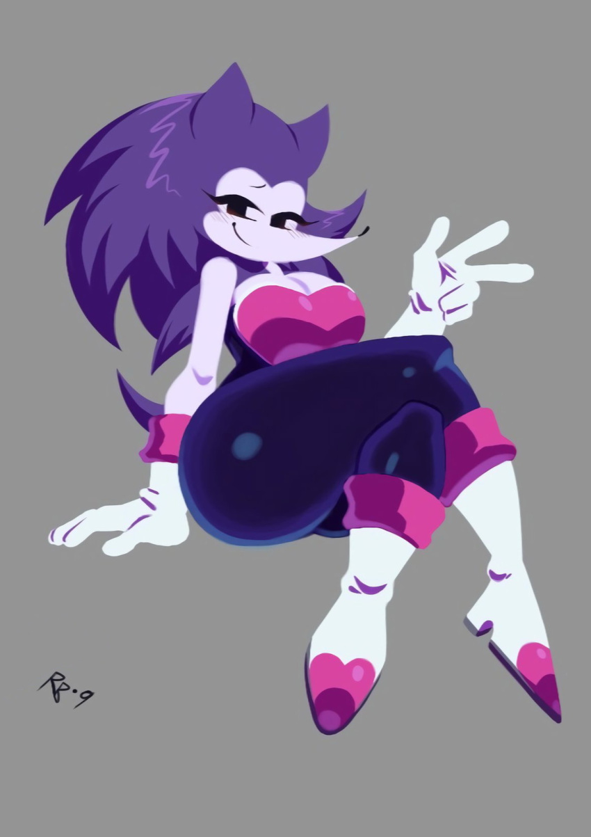 anthro big_breasts black_bodysuit black_eyes blush blush_lines bodysuit breasts cleavage clothed clothing cosplay creepypasta crossed_arms eulipotyphlan eyelashes fan_character female footwear fur gloves grey_background handwear hedgehog hi_res looking_at_viewer mammal narrowed_eyes needlem0use_(analogue_horror) purple_body purple_fur rouge_the_bat sarah_(needlemouse) sega shoes simple_background skinsuit smile snesti09 solo sonic.exe_(creepypasta) sonic_the_hedgehog sonic_the_hedgehog_(series) thick_thighs tight_clothing white_body white_clothing white_footwear white_fur white_gloves white_handwear white_shoes wide_hips